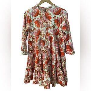 ZARA Dress Sharon Red White Floral Mini Swing 3/4 Sleeve Size XS Extra Small